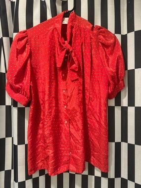 Vintage LeVoy’s Red Polka Dot Puff-Sleeve Tie-Neck Blouse